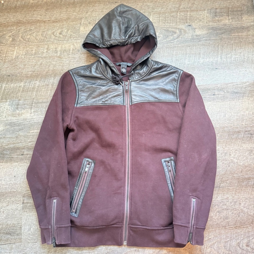 Marc by Marc Jacobs Leather Yoke Zip Hoodie Size L Burgundy Mixed Media Jacket